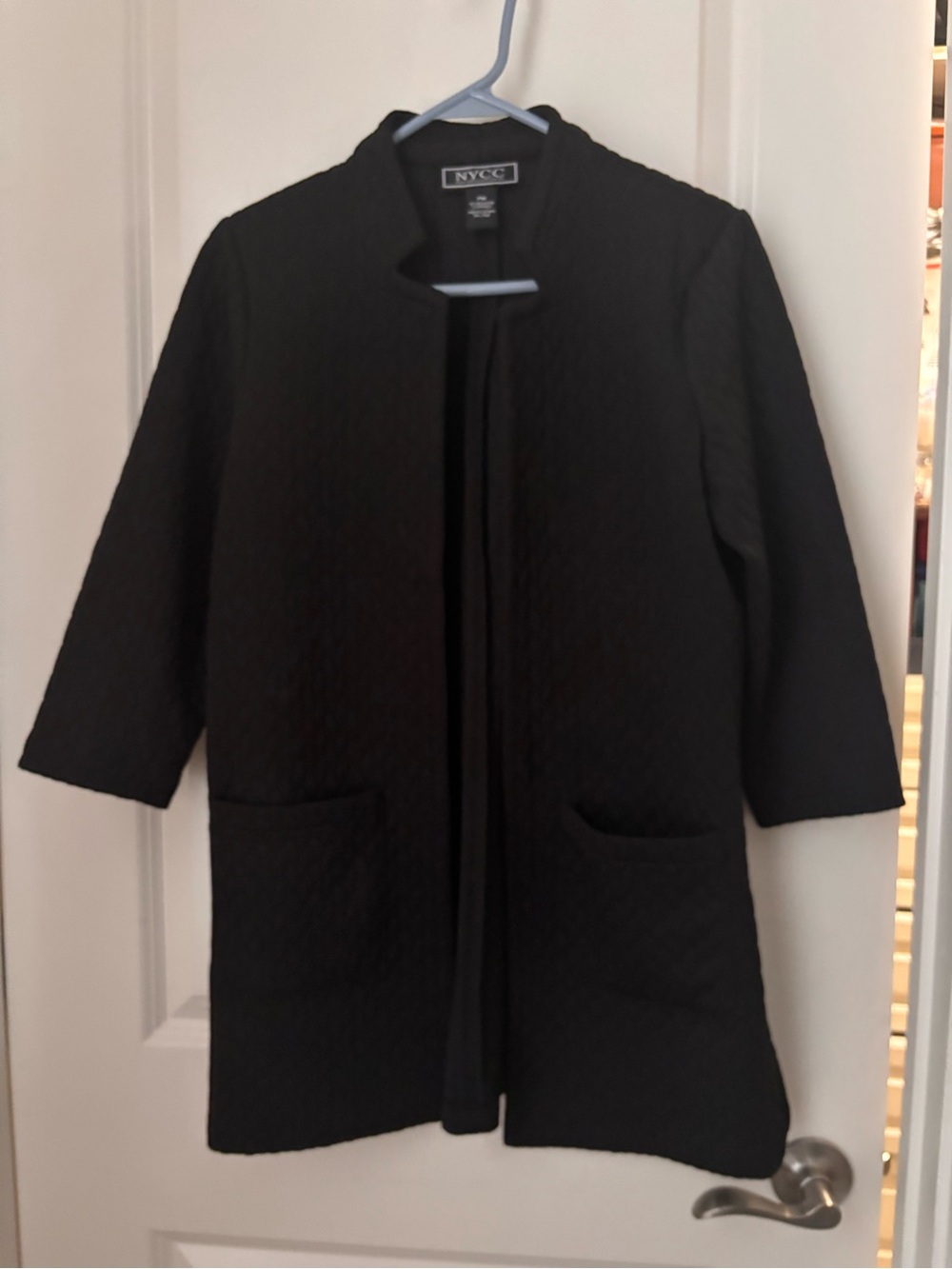 New York & Company Black Quilted Collarless Open Trench Coat